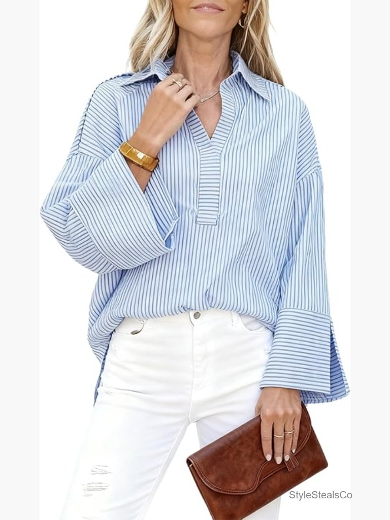 Oversized Striped Button Down Shirt Henley Long Sleeve Collared Office Blouse